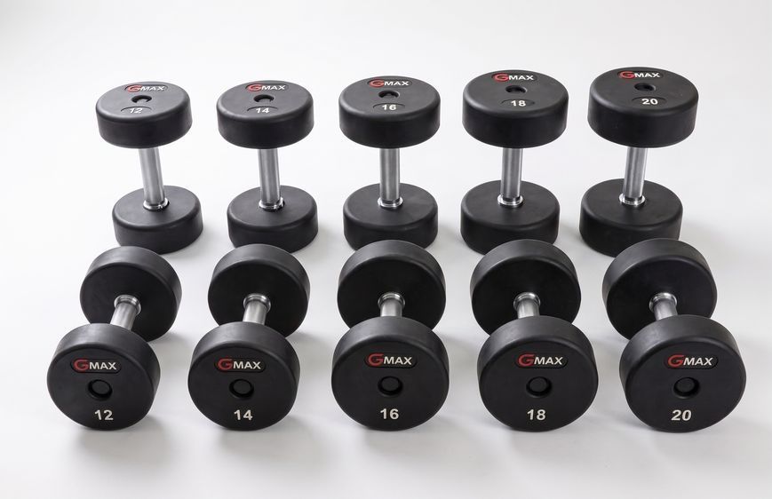 Set of dumbbells (5 pairs) GMAX RD, 12-14-16-18-20 kg (rubber), GM-RD-12-20-BK