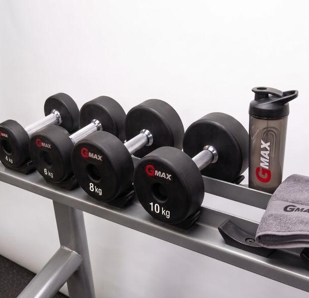 Set of dumbbells (5 pairs) GMAX RD, 2-4-6-8-10 kg (rubber shell), GM-RD-2-10-BK